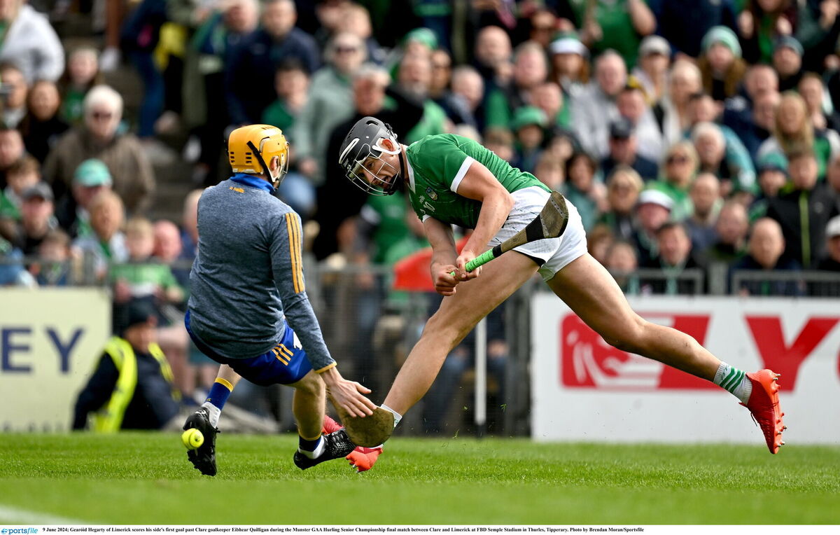 Gearóid Hegarty of Limerick scores his side's first goal past Clare goalkeeper Eibhear Quilligan during the Munster GAA Hurling Senior Championship final match between Clare and Limerick at FBD Semple Stadium in Thurles, Tipperary. Photo by Brendan Moran/Sportsfile