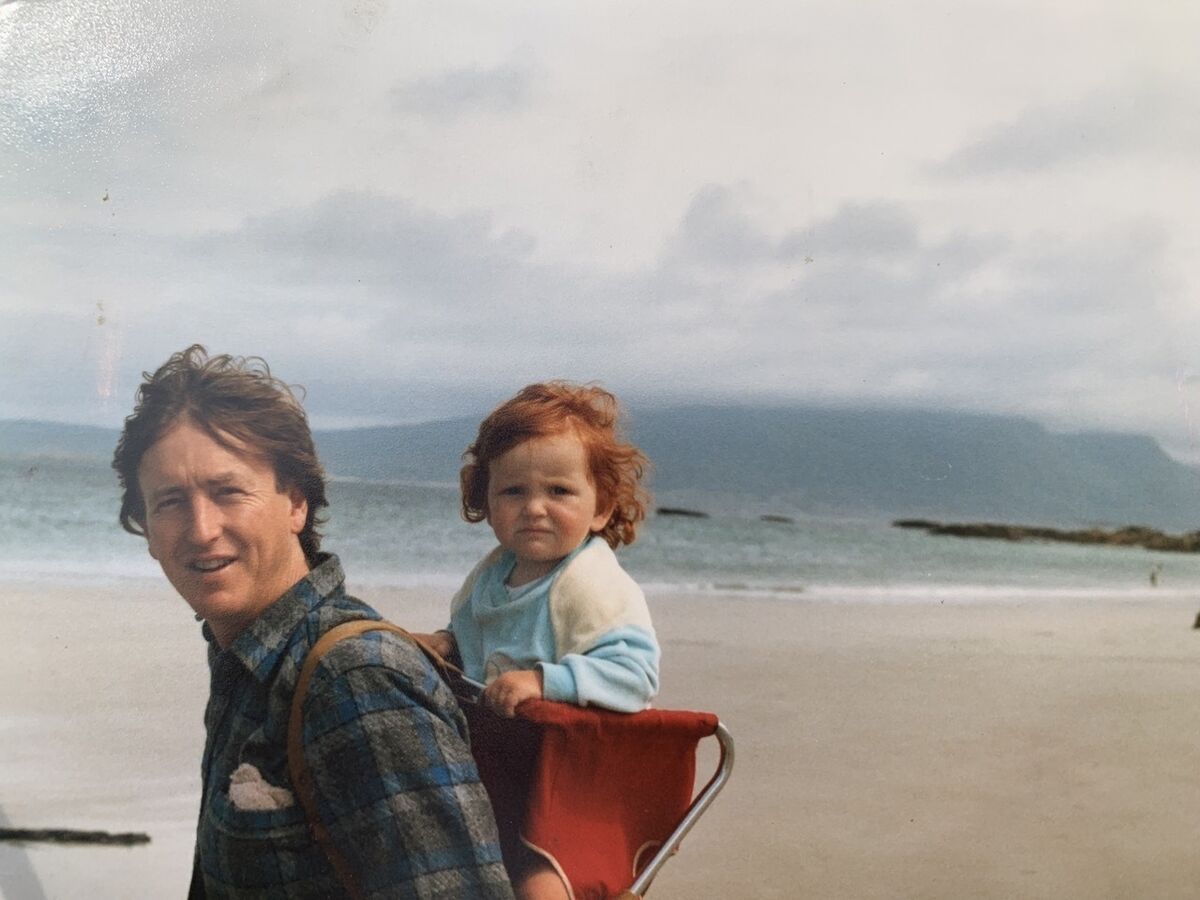Jessie Grimes and her father Bernard on Glassilaun beach, Connemara, 1987
