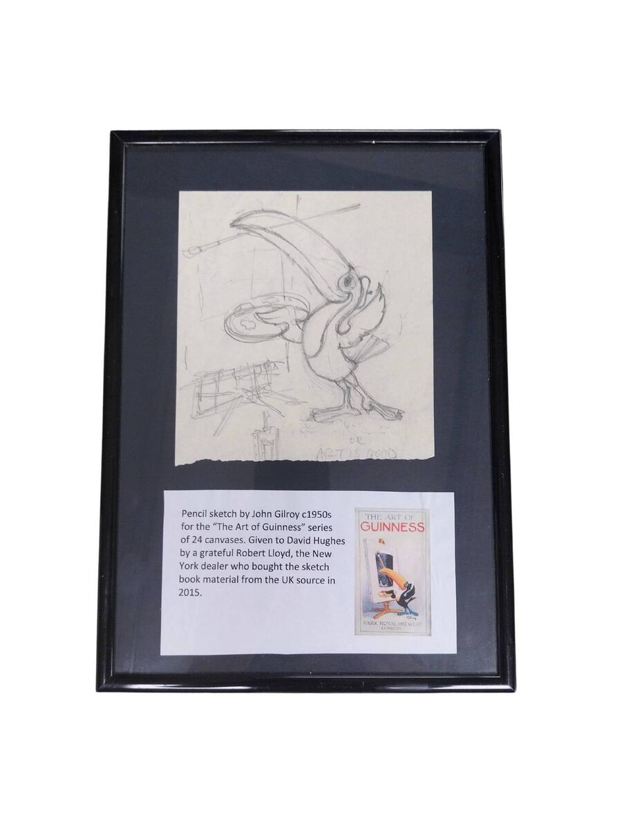 A framed Guinness toucan with a paintbrush pencil sketch by John Gilroy at Victor Mee. 