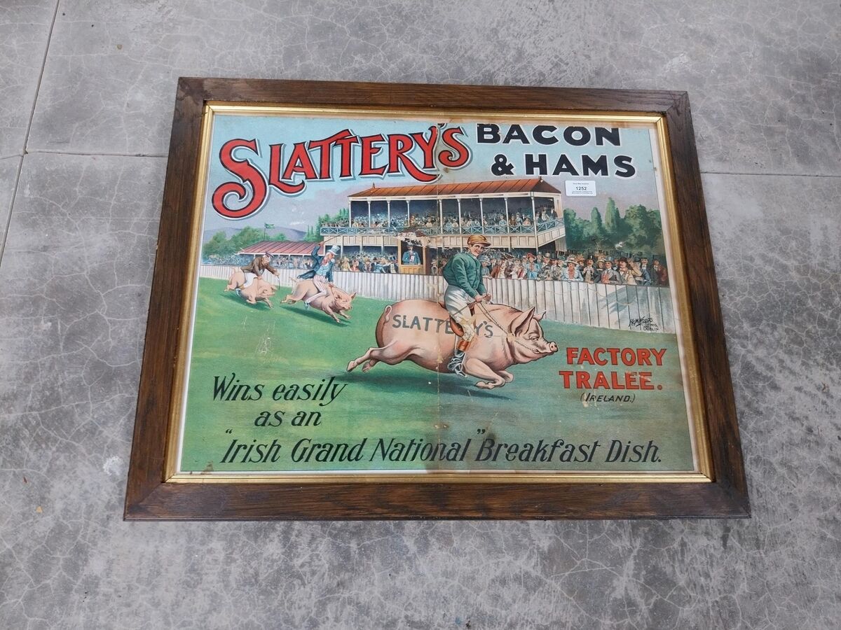 A Slattery's Bacon and Hams Tralee advertising showcard at Victor Mee.
