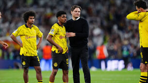 <p>BRIGHTER DAYS: Borussia Dortmund head coach Edin Terzic (centre) and Ian Maatsen. Pic: Mike Egerton, PA Wire.</p>