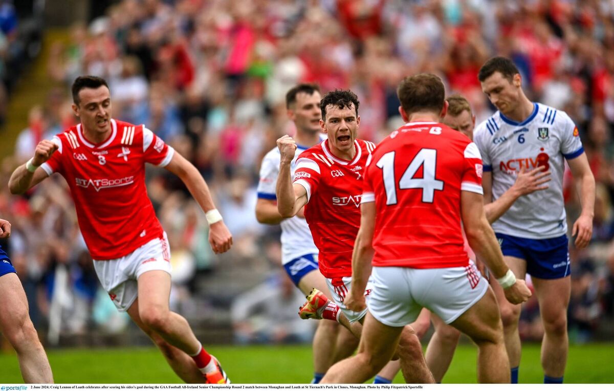 Craig Lennon of Louth celebrates after scoring his sides's goal during the All-Ireland SFC group stage game against Monaghan at St Tiernach's Park in Clones, Monaghan. Photo by Philip Fitzpatrick/Sportsfile Craig Lennon of Louth celebrates after scoring his sides's goal during the All-Ireland SFC group stage game against Monaghan at St Tiernach's Park in Clones, Monaghan. Photo by Philip Fitzpatrick/Sportsfile