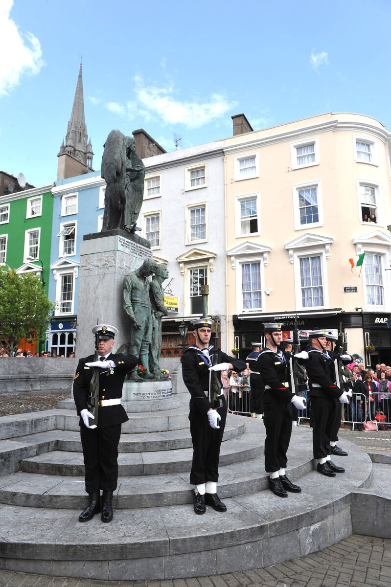 Members of the Irish Navy standing to attention at the Lusitania monument during the 2015 centenary commemoration in Cobh, Co Cori. Picture Dan Linehan Members of the Irish Navy standing to attention at the Lusitania monument during the 2015 centenary commemoration in Cobh, Co Cori. Picture Dan Linehan