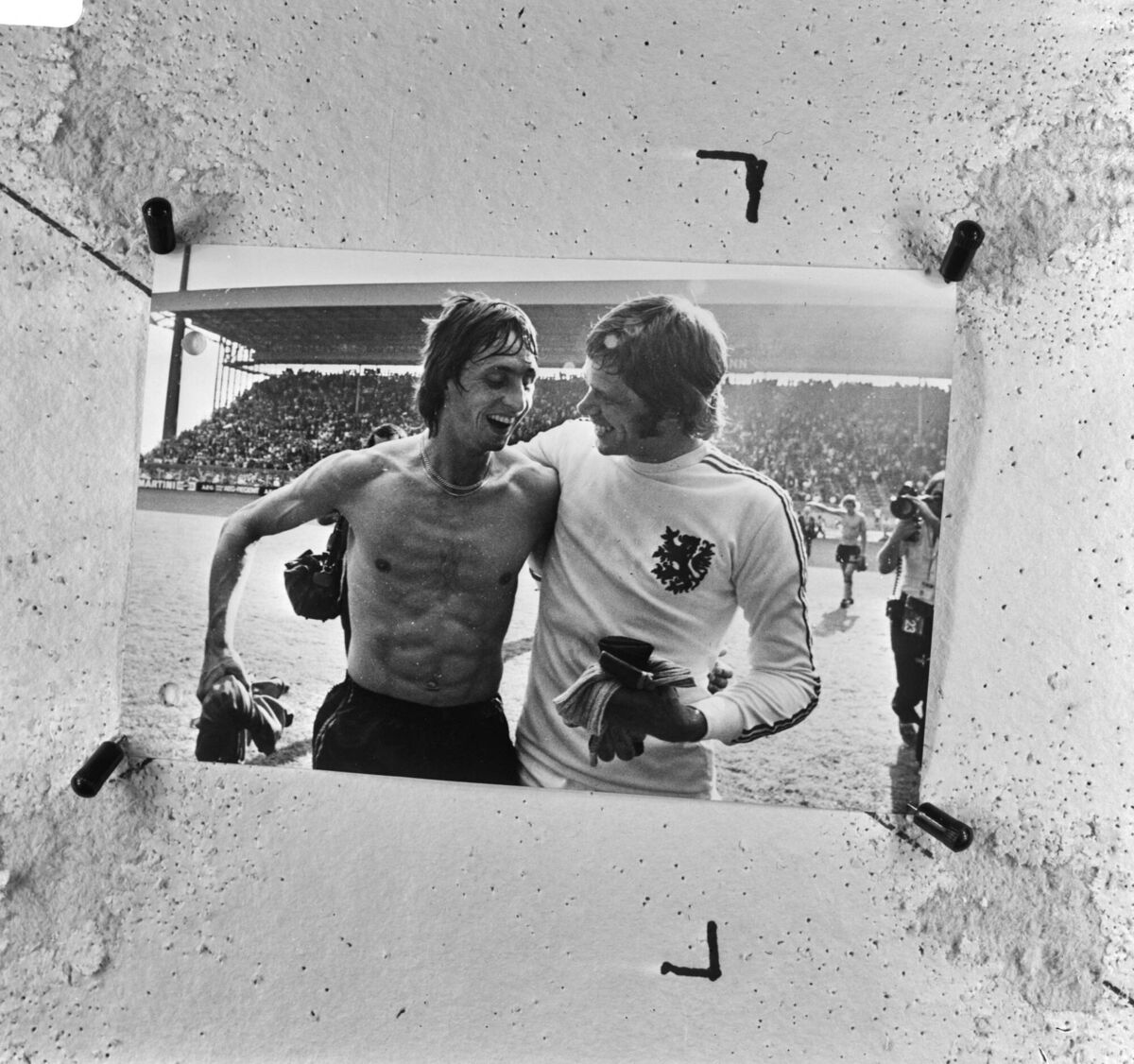 Frame it: Johann Cruyff and keeper Jan Jongbloed after beating Bulgaria 4-1. Frame it: Johann Cruyff and keeper Jan Jongbloed after beating Bulgaria 4-1.