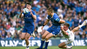 <p>ABLE DEPUTY: Jimmy O'Brien of Leinster receives a pass from Sam Prendergast during the United Rugby Championship quarter-final match between Leinster and Ulster. Pic: Ramsey Cardy, Sportsfile</p>