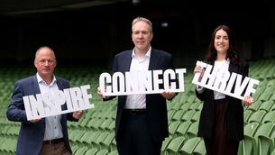 <p>IRFU performance director David Humphreys, IRFU chief executive officer Kevin Potts and IRFU strategy and projects manager Kate Binchy. Pic: Dan Sheridan, Inpho</p>