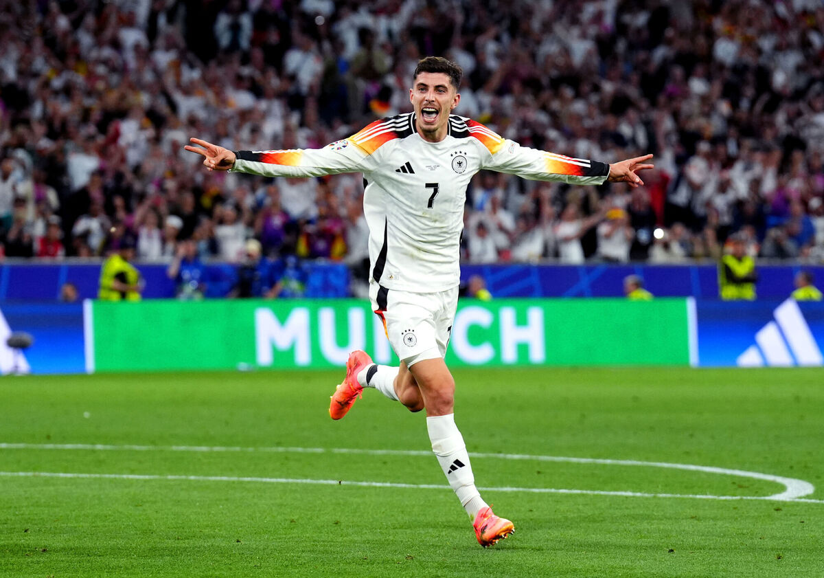 Kai Havertz celebrates after scoring their side's third goal of the game from the penalty spot Kai Havertz celebrates after scoring their side's third goal of the game from the penalty spot
