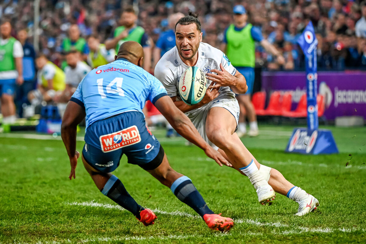Leinster's James Lowe and Vodacom Bulls' Sergeal Petersen. Pic: Steve Haag Sports/Deon van der Merwe, Inpho