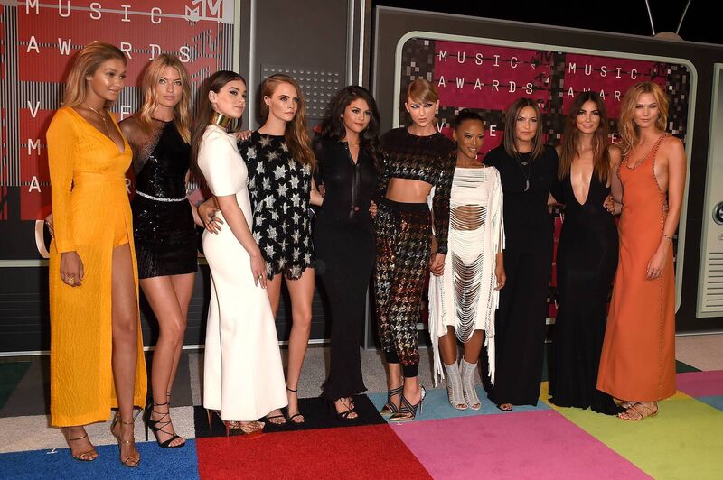 Taylor Swift with her girl 'squad' including Gigi Hadid, Martha Hunt, Hailee Steinfeld, Cara Delevingne, Selena Gomez, Serayah, Mariska Hargitay, Lily Aldridge and Karlie Kloss. Picture: Steve Granitz/WireImage Taylor Swift with her girl 'squad' including Gigi Hadid, Martha Hunt, Hailee Steinfeld, Cara Delevingne, Selena Gomez, Serayah, Mariska Hargitay, Lily Aldridge and Karlie Kloss. Picture: Steve Granitz/WireImage