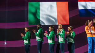 <p>Ireland’s Sophie Becker, Rhasidat Adeleke, Phil Healy, Sharlene Mawdsley and Lauren Cadden celebrate with their silver medals. Pic: Morgan Treacy, Inpho</p>