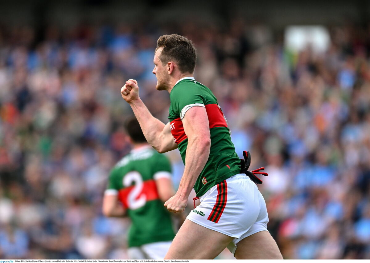 Matthew Ruane of Mayo celebrates a second half point. Photo by Daire Brennan/Sportsfile