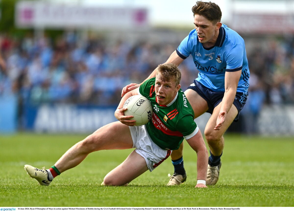 Ryan O'Donoghue of Mayo in action against Michael Fitzsimons of Dublin. Photo by Daire Brennan/Sportsfile