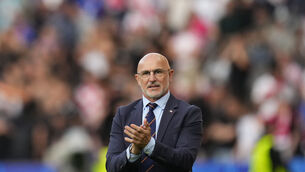 <p>Spain's head coach Luis de la Fuente celebrates at the end of a Group B match between Spain and Croatia at the Euro 2024 soccer tournament in Berlin, Germany, Saturday, June 15, 2024. Spain defeated Croatia 3-0. (AP Photo/Manu Fernandez)</p>