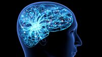 Power Of Mind, psychology and mental health concept. Human head with a luminous brain network, electrical activity, flashes and