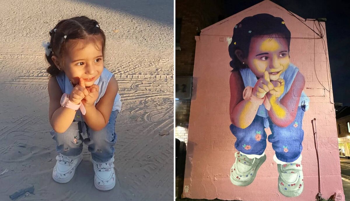 A photo of two-year-old Massah — whose remains Samia al-Atrash cradled after she was killed in an Israeli missile strike last October — inspired another mural by Emmalene Blake. Pictures: Samia al-Atrash/Emmalene Blake