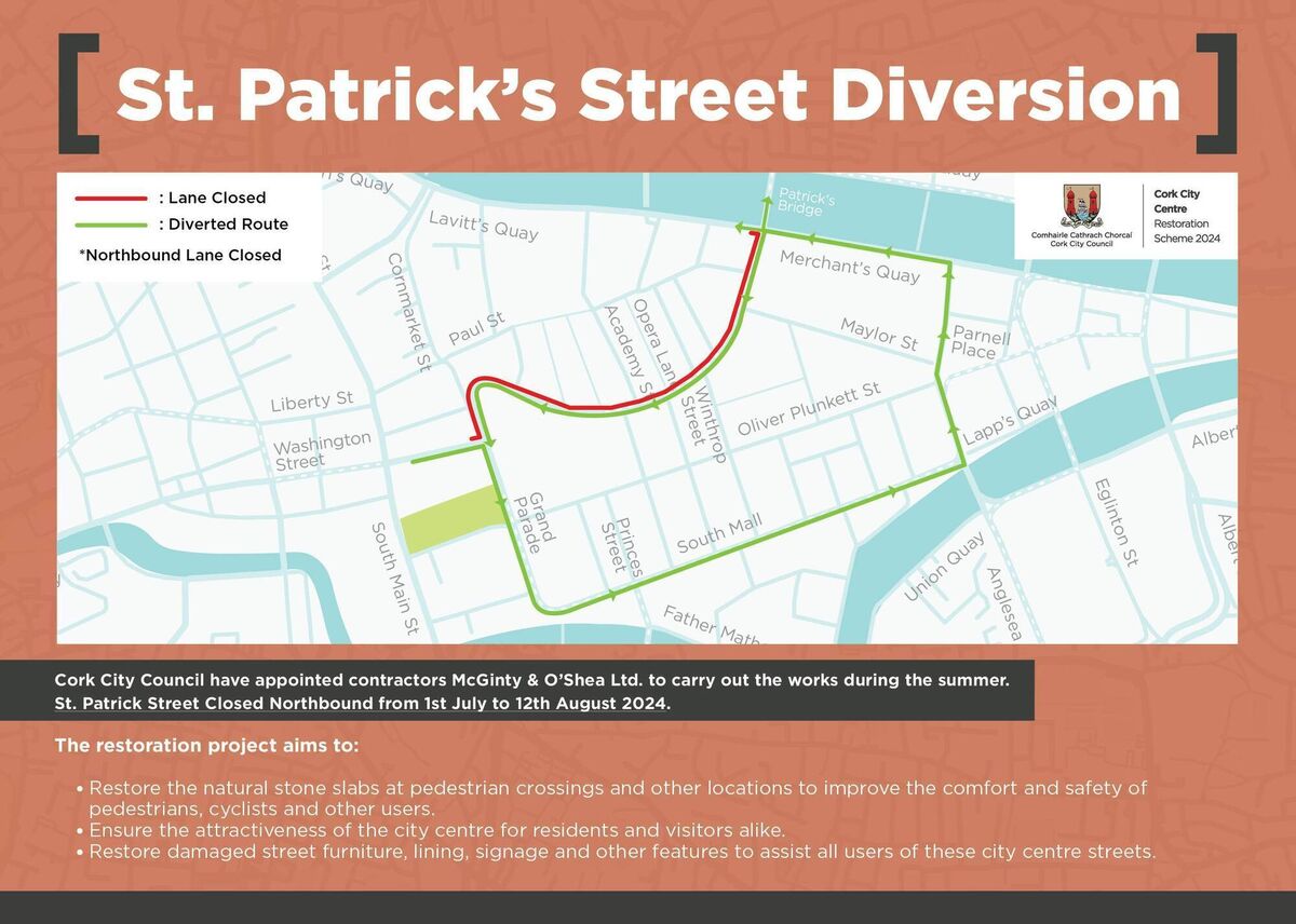 The diversion routes for the City Centre Pavement Restoration Scheme which begins next month, and which is due to be completed in mid September. 