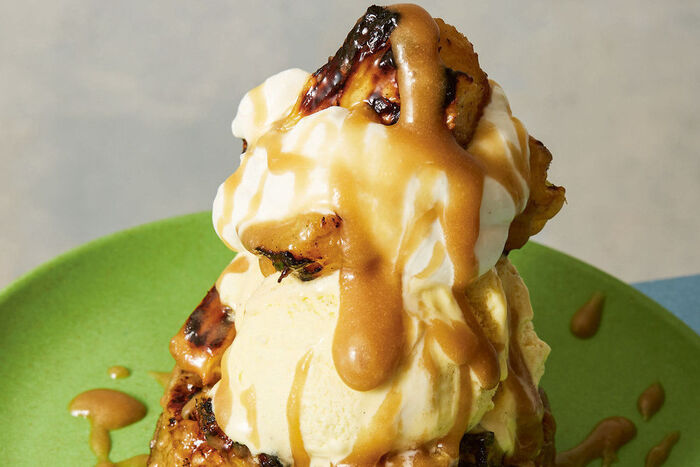 Barbecue crumpets with charred pineapple and caramel dessert recipe