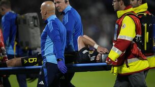 <p>Scotland's Kieran Tierney leaves the field after an injury during a Group A match between Scotland and Switzerland at Euro 2024. (AP Photo/Alessandra Tarantino)</p>