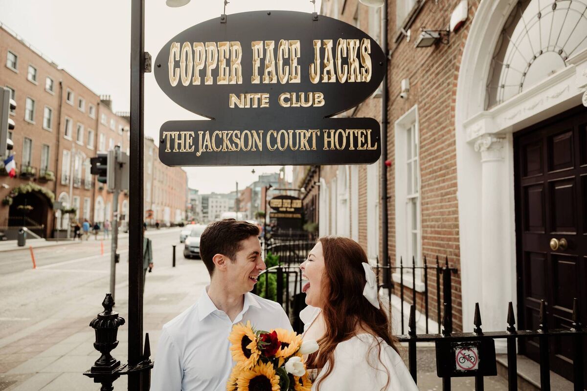 After their Dublin marriage ceremony, Laura Mahon and Matthew Doncel return for a photo to where they first met. Pictures: Bokeh Photography After their Dublin marriage ceremony, Laura Mahon and Matthew Doncel return for a photo to where they first met. Pictures: Bokeh Photography