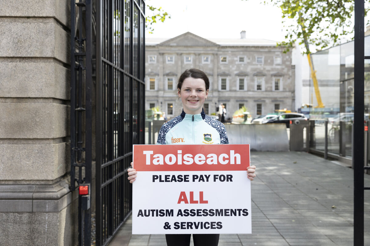 Schoolgirl Cara Darmody  from Co Tipperary protesting outside Leinster House as part of a campaign for better autism services.
