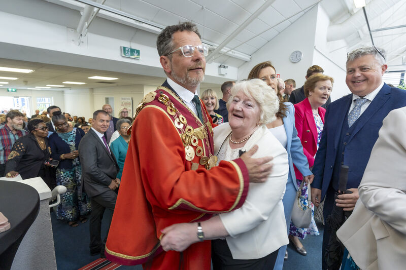 John Moran pictured with his mum Bridie following his inauguration. Picture: Don Moloney