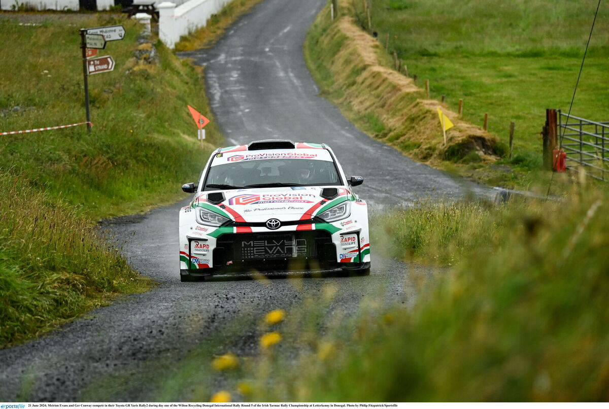Meirion Evans and Ger Conway compete in their Toyota GR Yaris Rally2 during day one of the Wilton Recycling Donegal International Rally Round 5 of the Irish Tarmac Rally Championship at Letterkenny in Donegal. Photo by Philip Fitzpatrick/Sportsfile