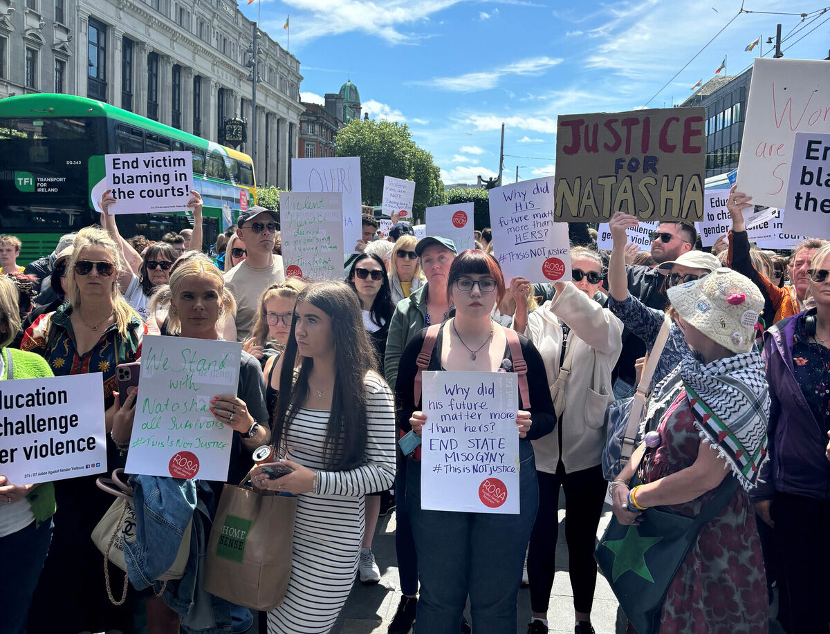 Protesters gather in Dublin in solidarity with Natasha O'Brien who was attacked by Cathal Crotty, a serving member of the Defence Forces, who walked free from court after he was given a three-year suspended sentence for attacking Natasha O'Brien. Picture: Cate McCurry/PA Wire
