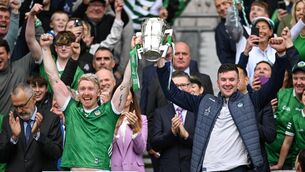 <p>Limerick playing captain Cian Lynch, left, and injured team captain Declan Hannon celebrate as they lift the Liam MacCarthy Cup 2023 All-Ireland hurling final. Photo by Brendan Moran/Sportsfile</p>