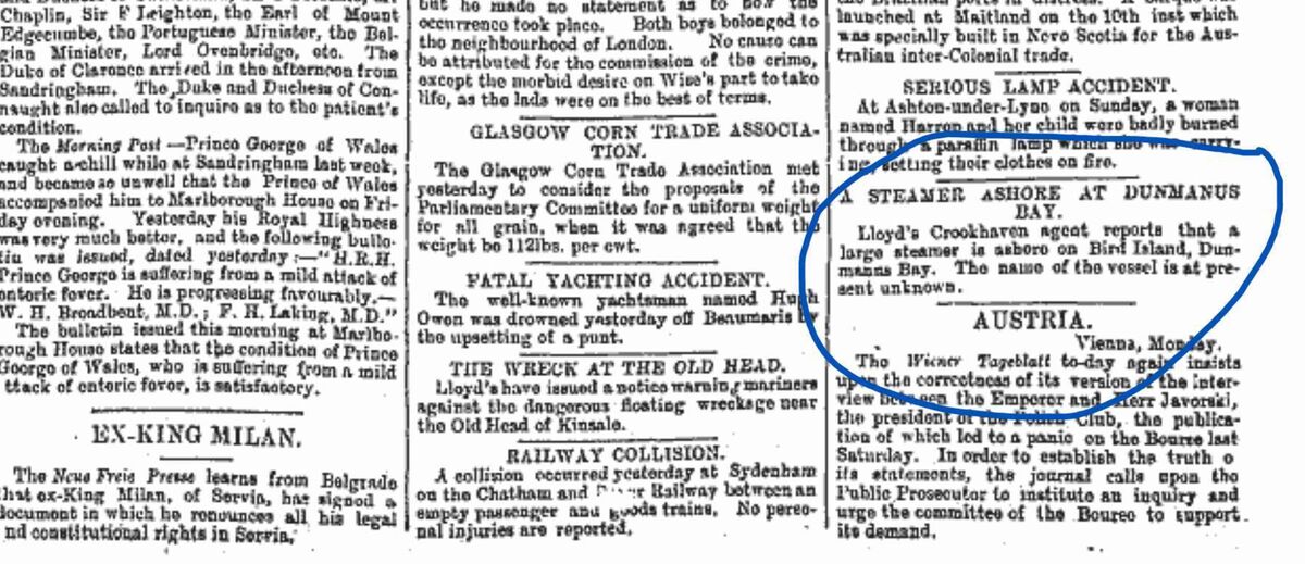 A steamer ashore at Bird Island, Dunmanus Bay, Cork Cork Examiner Tuesday, November 17, 1891 