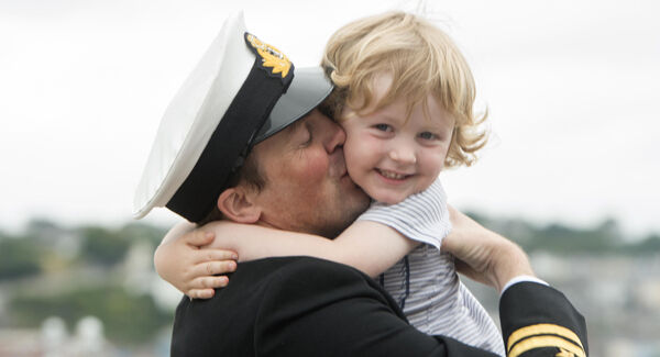Lt Jason O’Brien, Ballincollig, with his son Diarmuid, 3, on his return from duties in the Mediterranean. Pictures: Michael Mac Sweeney/Provision