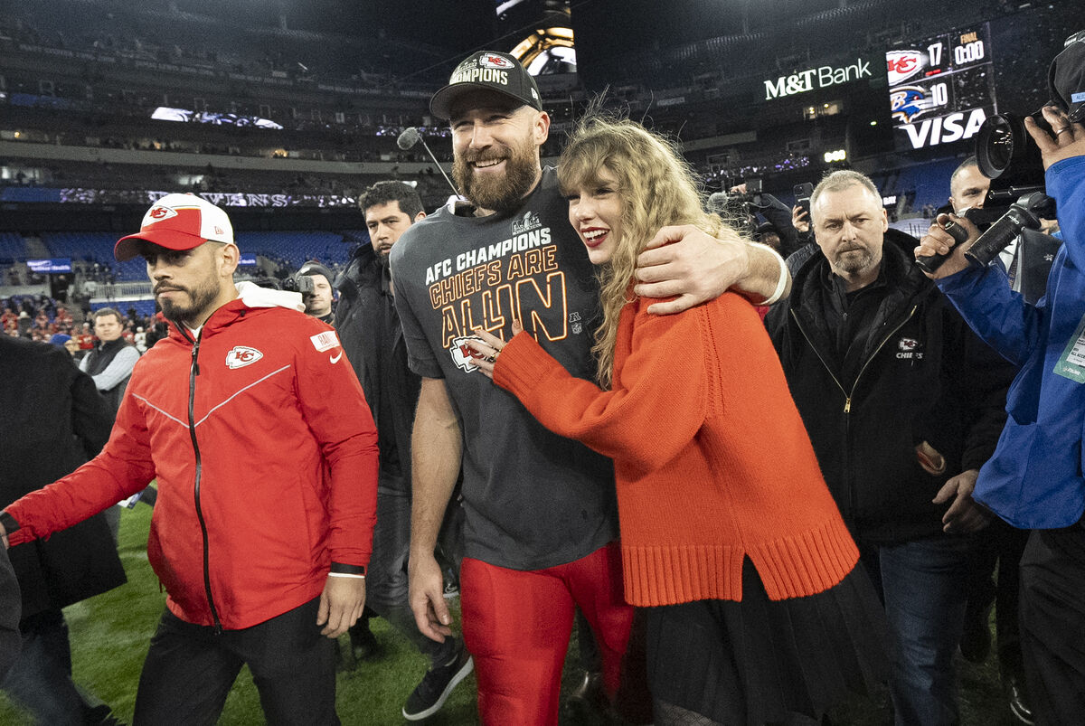 Travis Kelce and Taylor Swift after an AFC Championship NFL football game between the Chiefs and the Baltimore Ravens in Baltimore. Picture: AP Photo/Julio Cortez, File Travis Kelce and Taylor Swift after an AFC Championship NFL football game between the Chiefs and the Baltimore Ravens in Baltimore. Picture: AP Photo/Julio Cortez, File