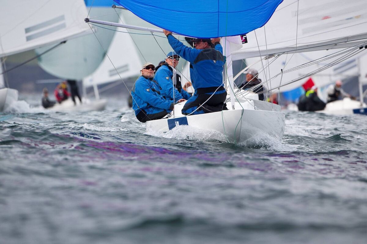 Germany's Tommy Mueller with Vincent Hoesch and Michael Lipp, winners of the Brewin Dolphin Dragon Gold Cup at Kinsale Yacht Club. Photograph: David Branigan/Oceansport