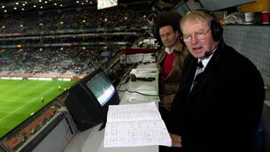 <p>Mícheál Ó Muircheartaigh prepares to commentate on his last game, a 2010 International Rules game between Ireland and Australia. Picture: INPHO/James Crombie</p>