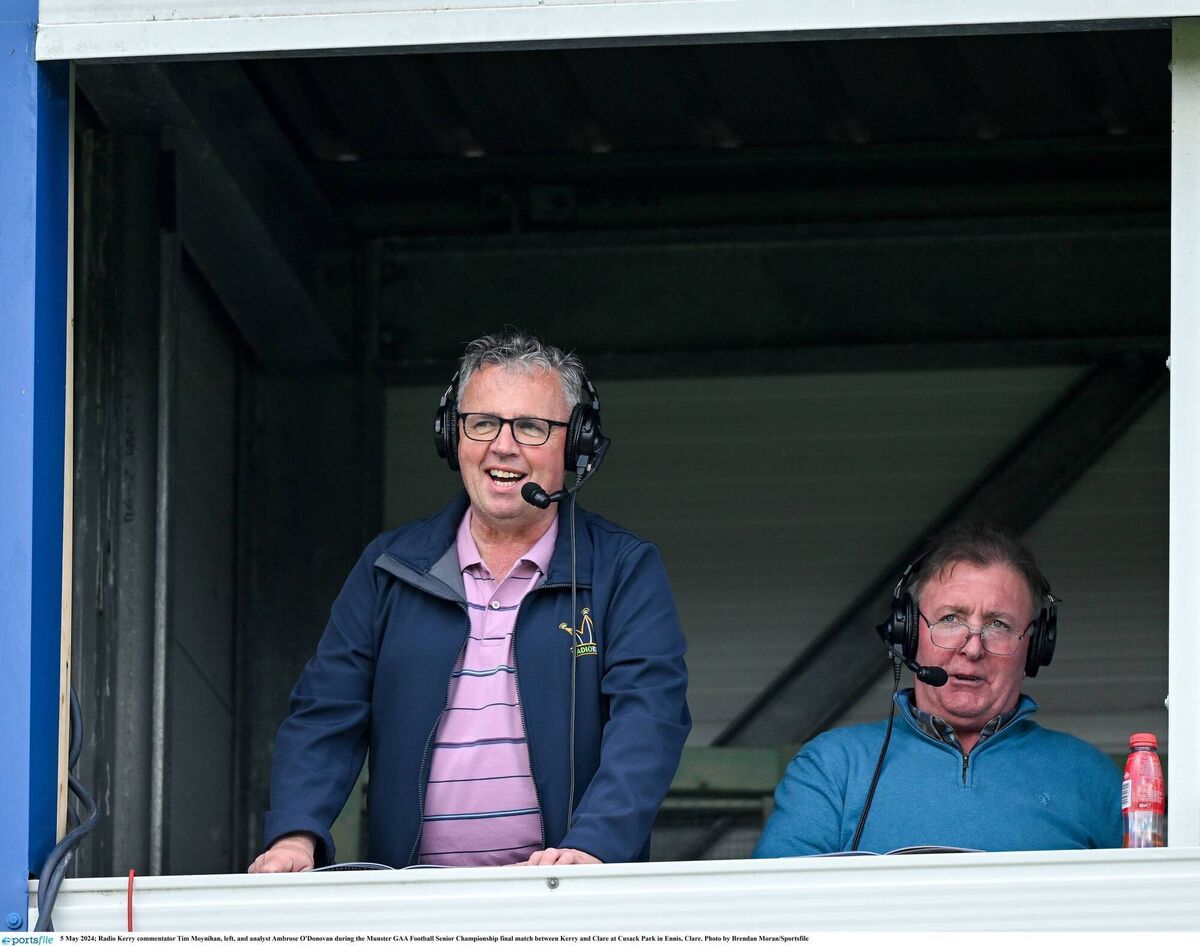 Radio Kerry commentator Tim Moynihan, left, and analyst Ambrose O'Donovan during the Munster SFC final against Clare at Cusack Park in Ennis, Clare. Photo by Brendan Moran/Sportsfile