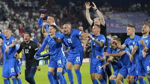 <p>Slovenia's players celebrate at the end of the Euo 2024 Group C draw with England. Picture: AP Photo/Andreea Alexandru</p>