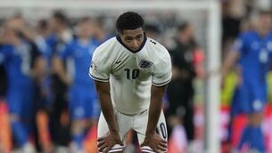<p>England's Jude Bellingham at the end of England's 0-0 draw with Slovenia. (AP Photo/Martin Meissner)</p>