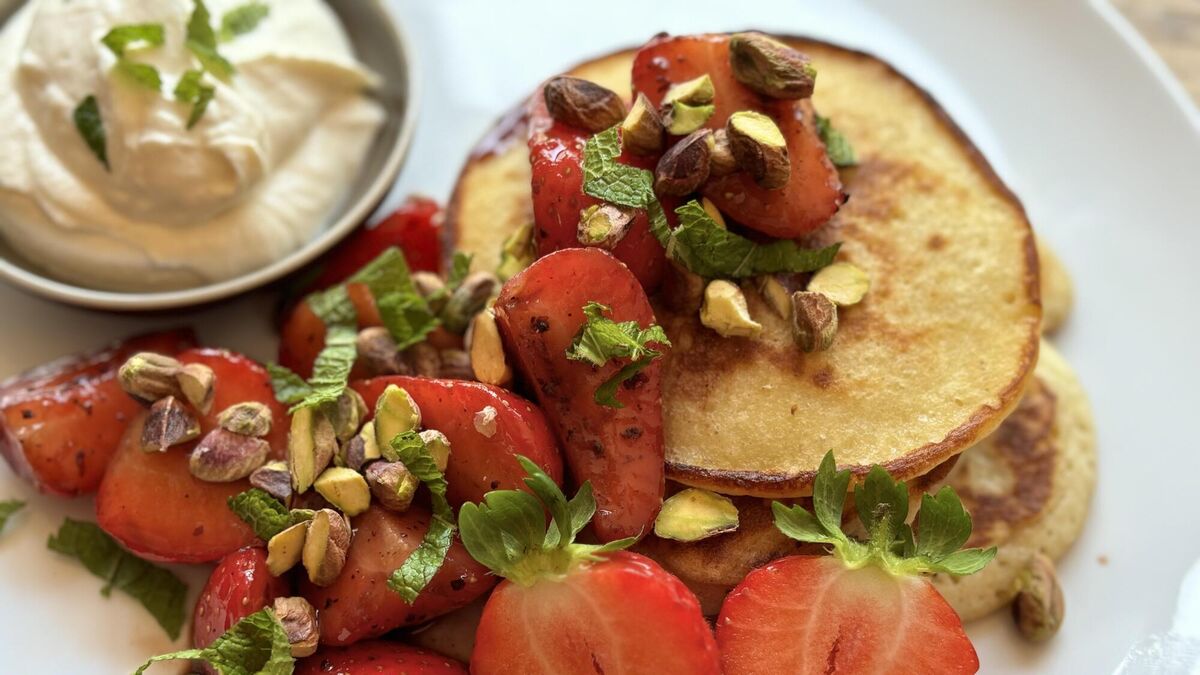Ricotta Pancakes with Sumac and Pomegranate Strawberries