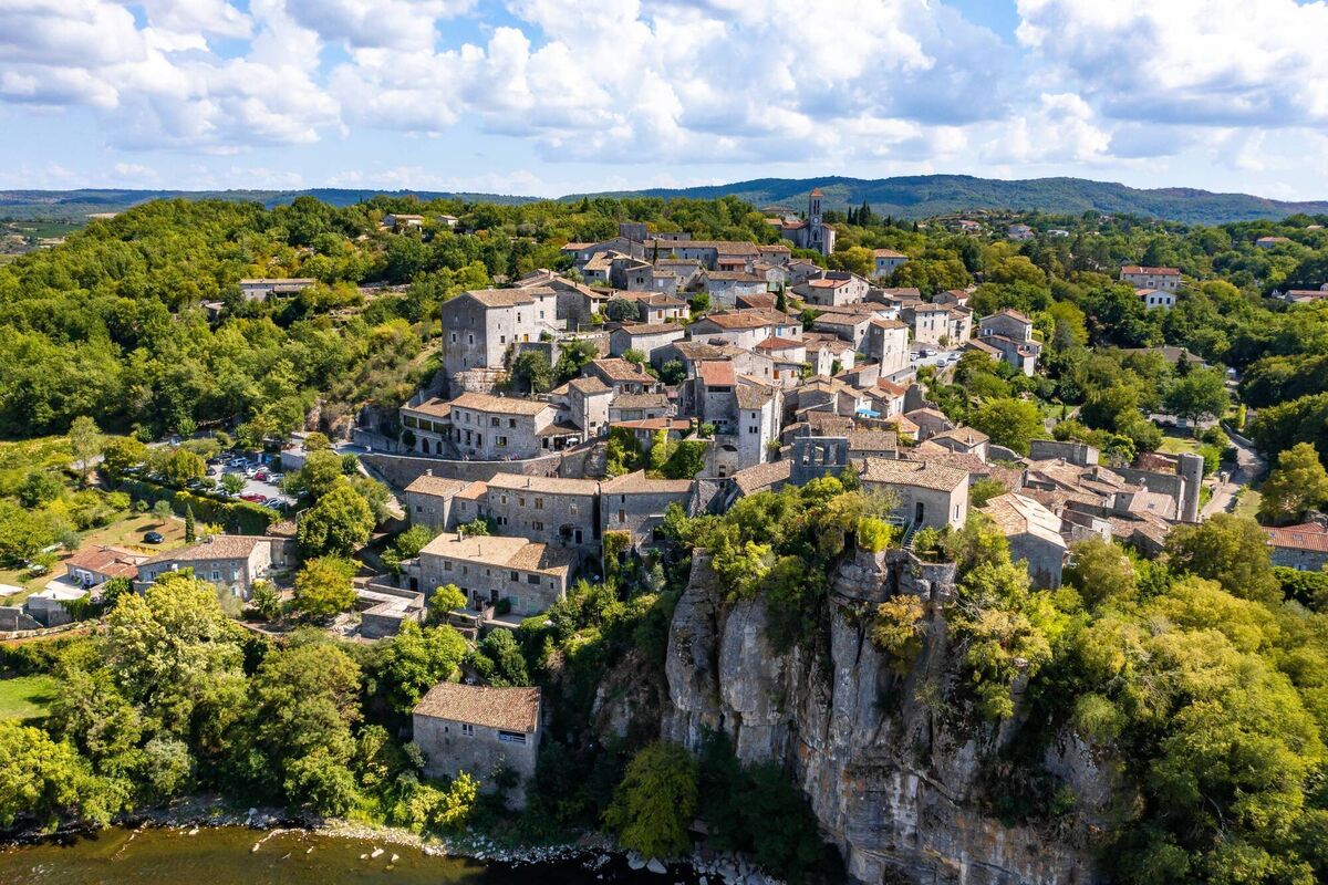Aerial view of Balazuc, one of the most beautiful village in Ardeche, South of France, Europe.