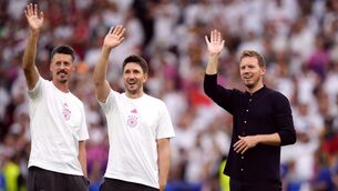 <p>G'LUCK GERMANY: Germany manager Julian Nagelsmann and assistants Sandro Wagner and Benjamin Gluck. Photo credit: Nick Potts/PA Wire.</p>