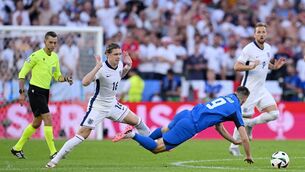 <p>STRUGGLING: England’s Conor Gallagher fouls Slovenia’s Andraz Sporar in Tuesday’s Euro 20024 stalemate in Cologne. The Chelsea midfielder was hooked at half-time after failing to look anything remotely resembling a significant asset. Pic: Stu Forster/Getty Images</p>