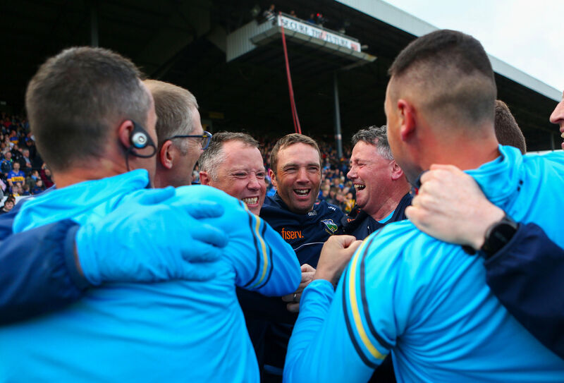 VINDICATED: Tipperary manager James Woodlock celebrates with his backroom staff at the end of the game. Pic: ©INPHO/Ken Sutton VINDICATED: Tipperary manager James Woodlock celebrates with his backroom staff at the end of the game. Pic: ©INPHO/Ken Sutton