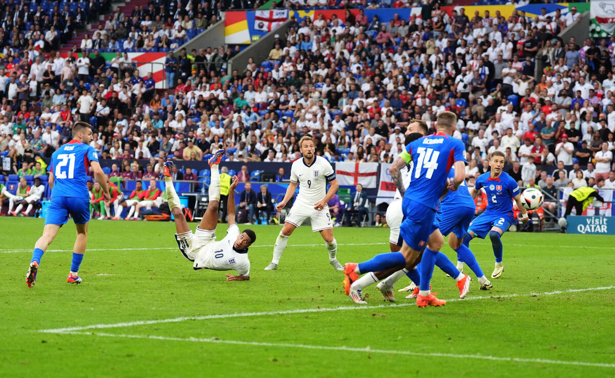 England's Jude Bellingham scores the equaliser. Photo credit: Adam Davy/PA Wire.