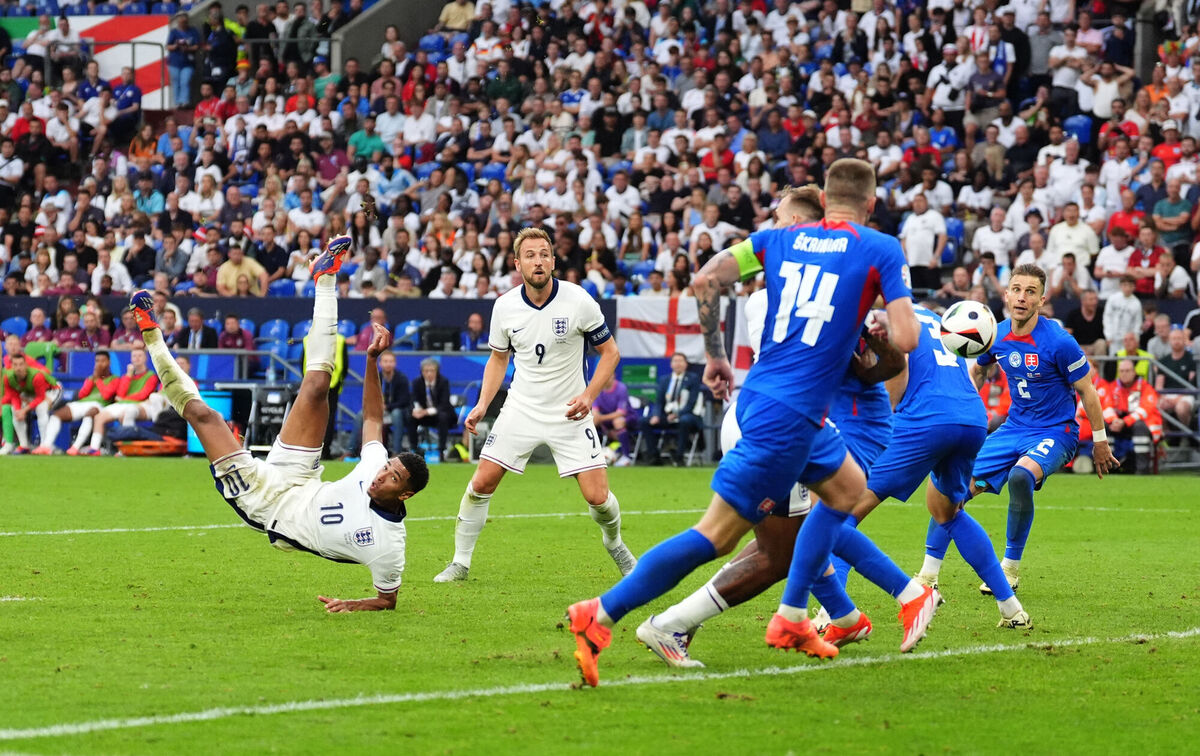 England's Jude Bellingham scores their side's first goal of the game:  Pic Adam Davy/PA Wire. 
