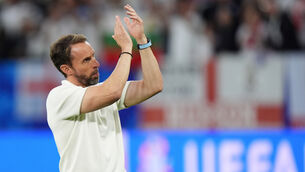 <p>England manager Gareth Southgate applauds the fans after victory over Slovakia (Bradley Collyer/PA).</p>