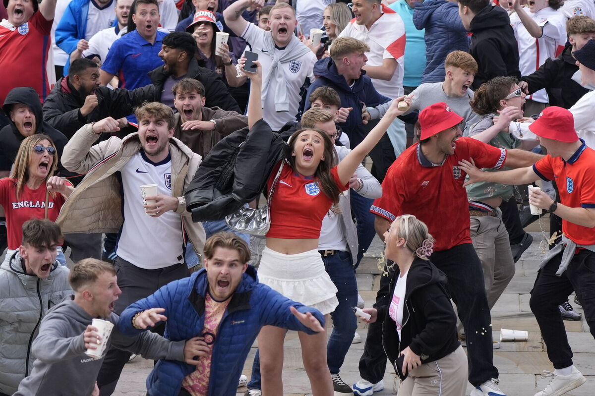 England fans at Millennium Square in Leeds celebrate during a screening of the UEFA Euro 2024, round of 16 match, between England and Slovakia England fans at Millennium Square in Leeds celebrate during a screening of the UEFA Euro 2024, round of 16 match, between England and Slovakia