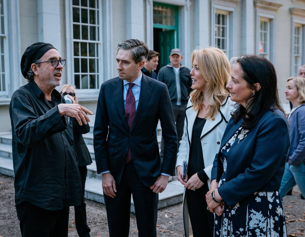 Wednesday director Tim Burton, Taoiseach Simon Harris, Fís Éireann/Screen Ireland chief executive Désirée Finnegan and Media Minister Catherine Martin.
