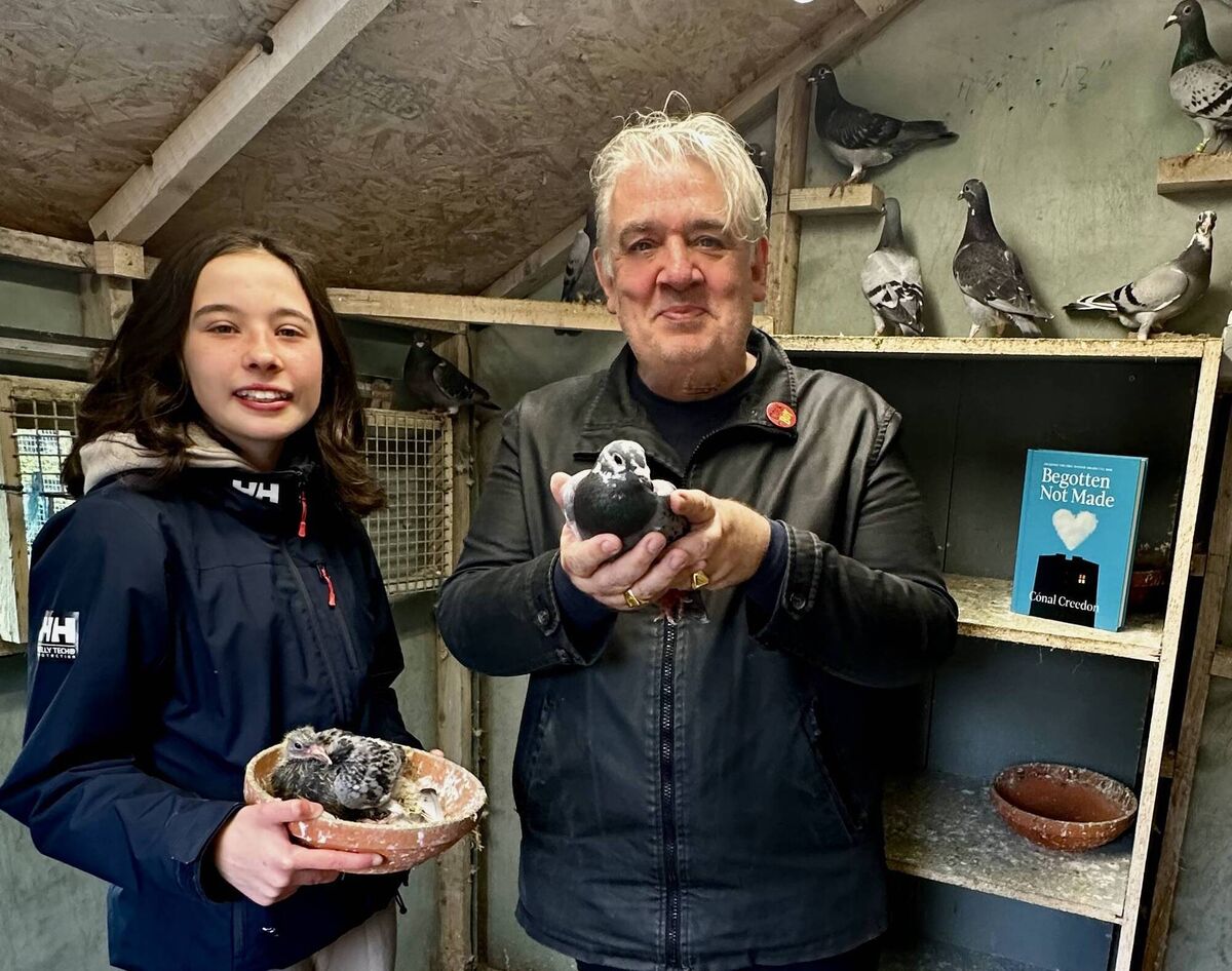 Asha Kearney O'Toole with her uncle Cónal Creedon and pigeon Dowcha Boy in Scott Lee's loft on Fairhill.