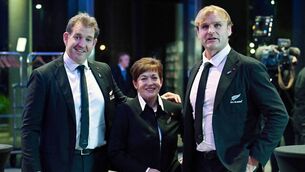 <p>BLACK GOLD: New Zealand Rugby CEO Mark Robinson (left), NZRU chair Patsy Reddy and All Blacks new head coach Scott Robertson in Christchurch. </p>