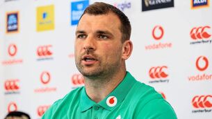 <p>Tadhg Beirne speaking at a press conference before the clash with South Africa</p>