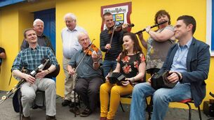 <p>Séamus Ó Rócháin, Eamon McGivney, Harry Hughes, John Kelly, Niall Byrne, Edel Fox, Neansaí Ní Choisdealbha, and Jack Talty at Scoil Samhraidh Willie Clancy 2012. Picture: Tony Kearns </p>